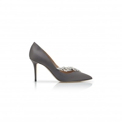 MANOLO BLAHNIK NADIRA GREY SATIN JEWEL BUCKLE PUMPS 9XX-0367-0030